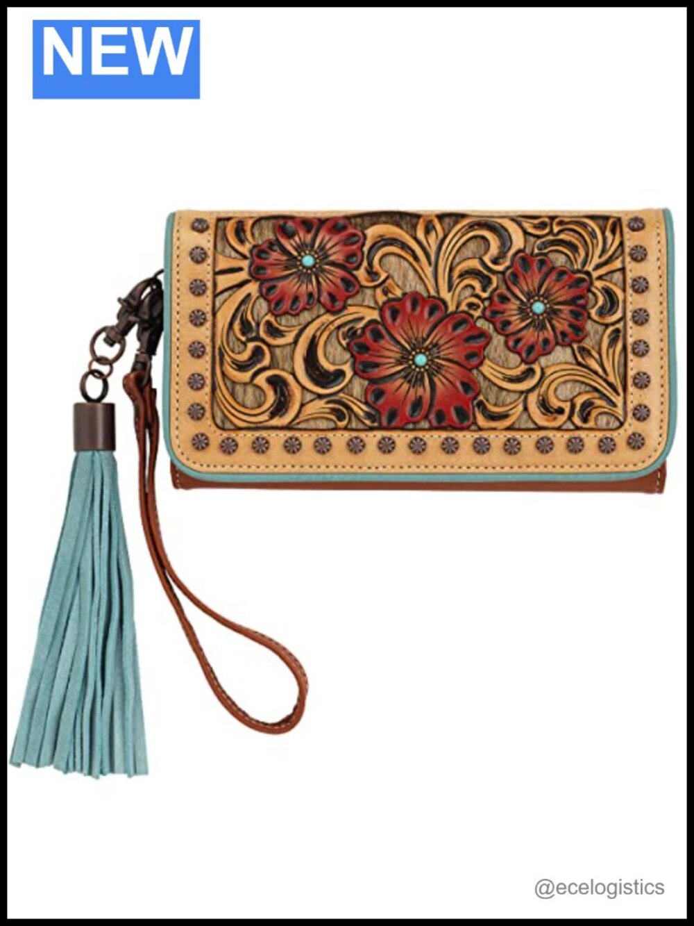 Genuine Leather Tooled Floral Clutch with Wristlet Strap